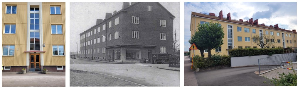 Flerfamiljshus i Brf Hjärpen från olika tidsepoker, inklusive ett äldre svartvitt foto av ett tegelhus och moderna byggnader i olika färger